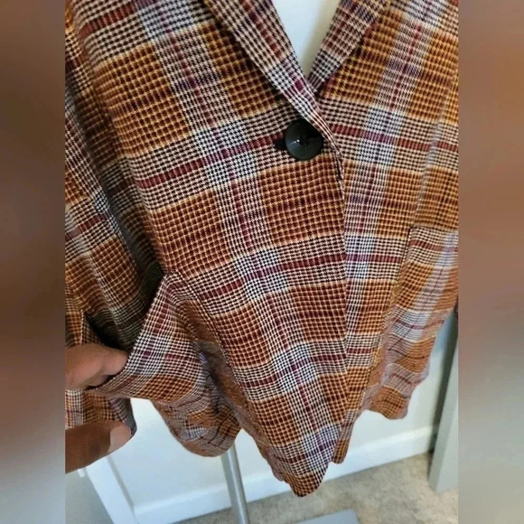 Free People Simply Plaid Linen Blend Oversized One Button Slouchy Blazer(S) - Picture 9 of 12